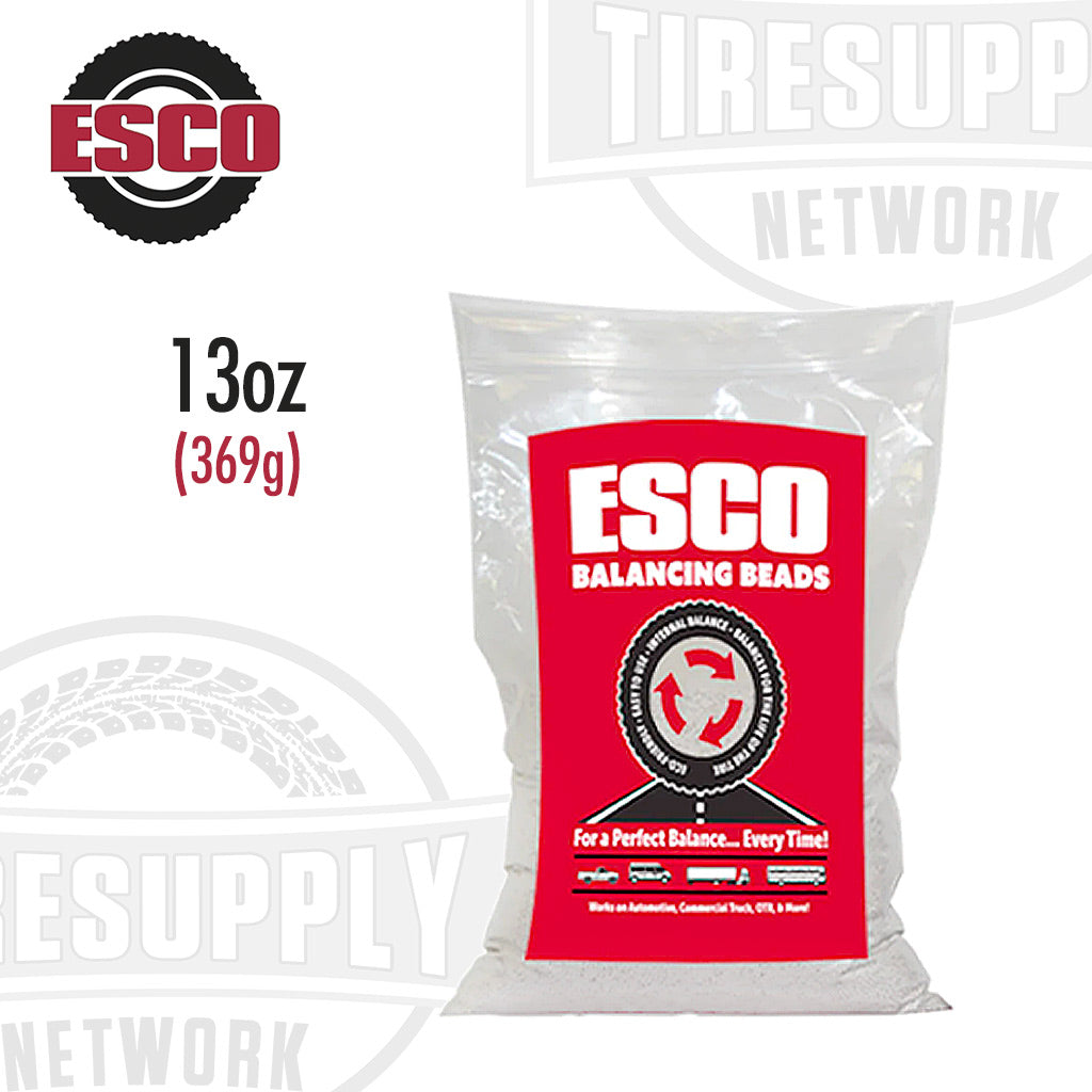 A bag of ESCO Truck Tire 13 oz. Balancing Beads, predominantly white with red and black text, against a background with the ESCO logo and 'Tire Supply' text. 20464C