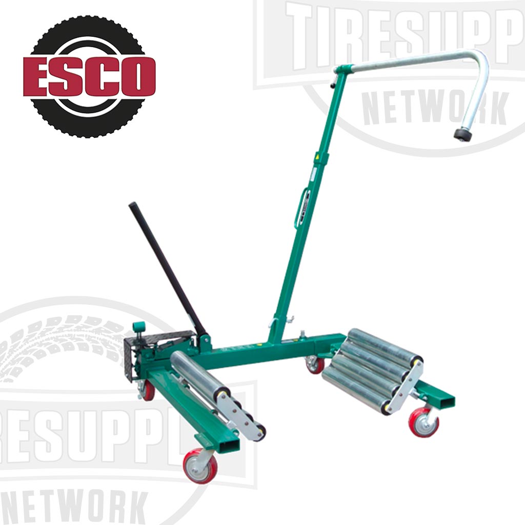 A green ESCO Compac Agricultural and Earthmover Wheel Dolly designed for mounting and demounting large wheels on machinery. 90538