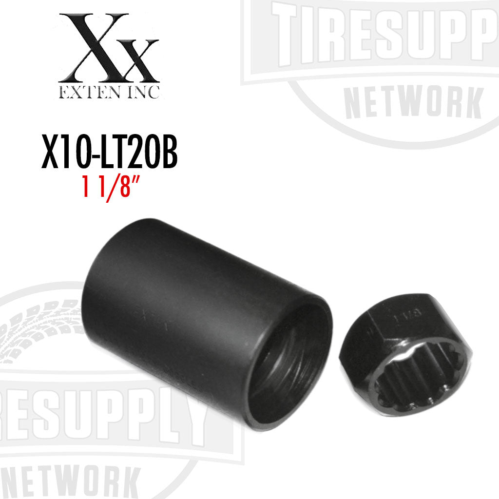 A black lug off remover tool and a drive-on tool for removing nuts from a vehicle's wheel, labeled with 'EXTEN | X10-LT20B'.