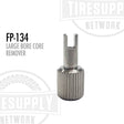A silver-colored metal core remover tool with a ribbed grip surface and a split tip designed for valve stem use. FP-134