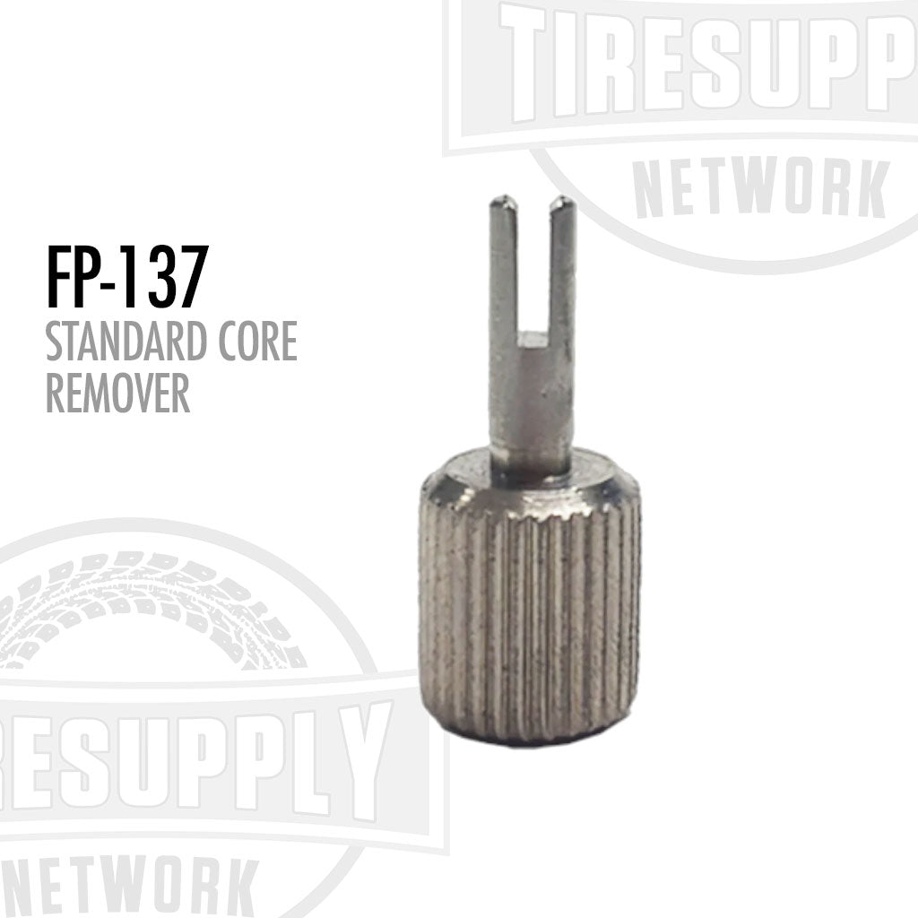 A silver-colored metal core remover tool with ridged handle. FP-137