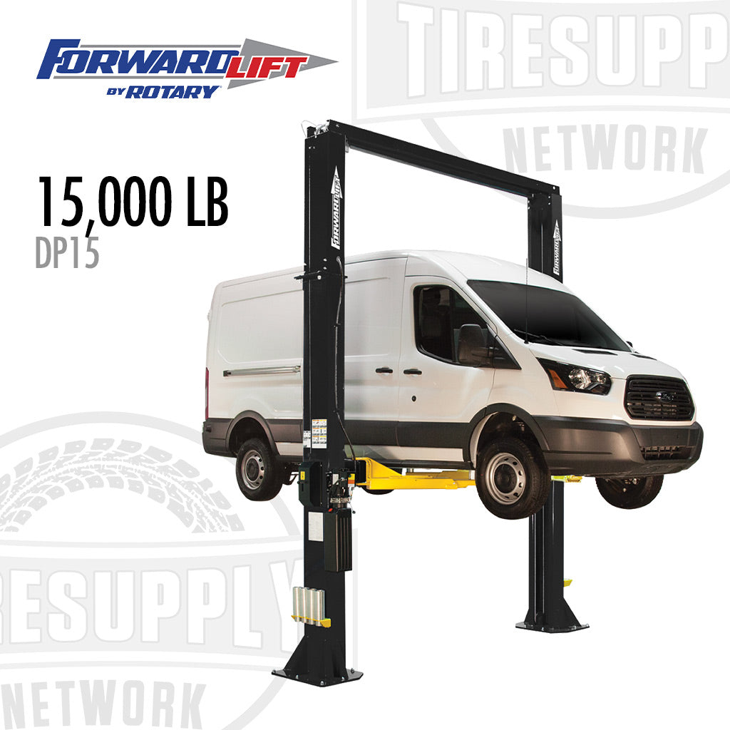 Two-post vehicle lift with a white van on it, branded as Forward Lift by Rotary, on a white background. Part # DP15
