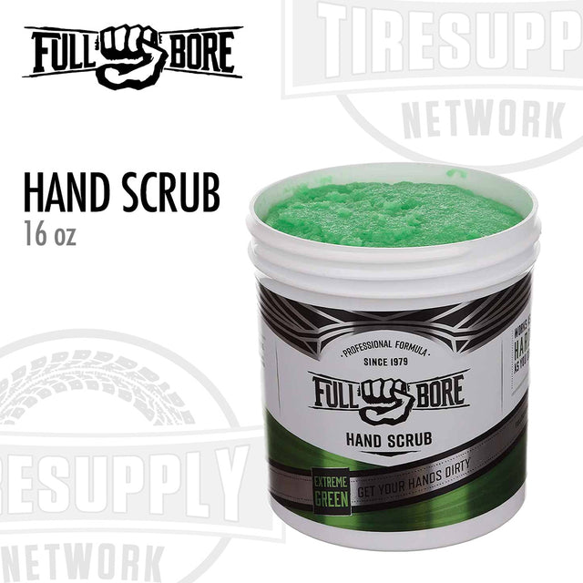 A white container of Full Bore Hand Scrub Extreme Green 16 oz Solvent-Free Mechanic Hand Cleaner Soap with green-colored scrubbers visible through the transparent lid.