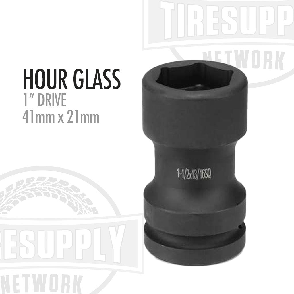 A black 1 inch drive hour glass shaped impact socket with 41mm x 21mm size. GP4241MC