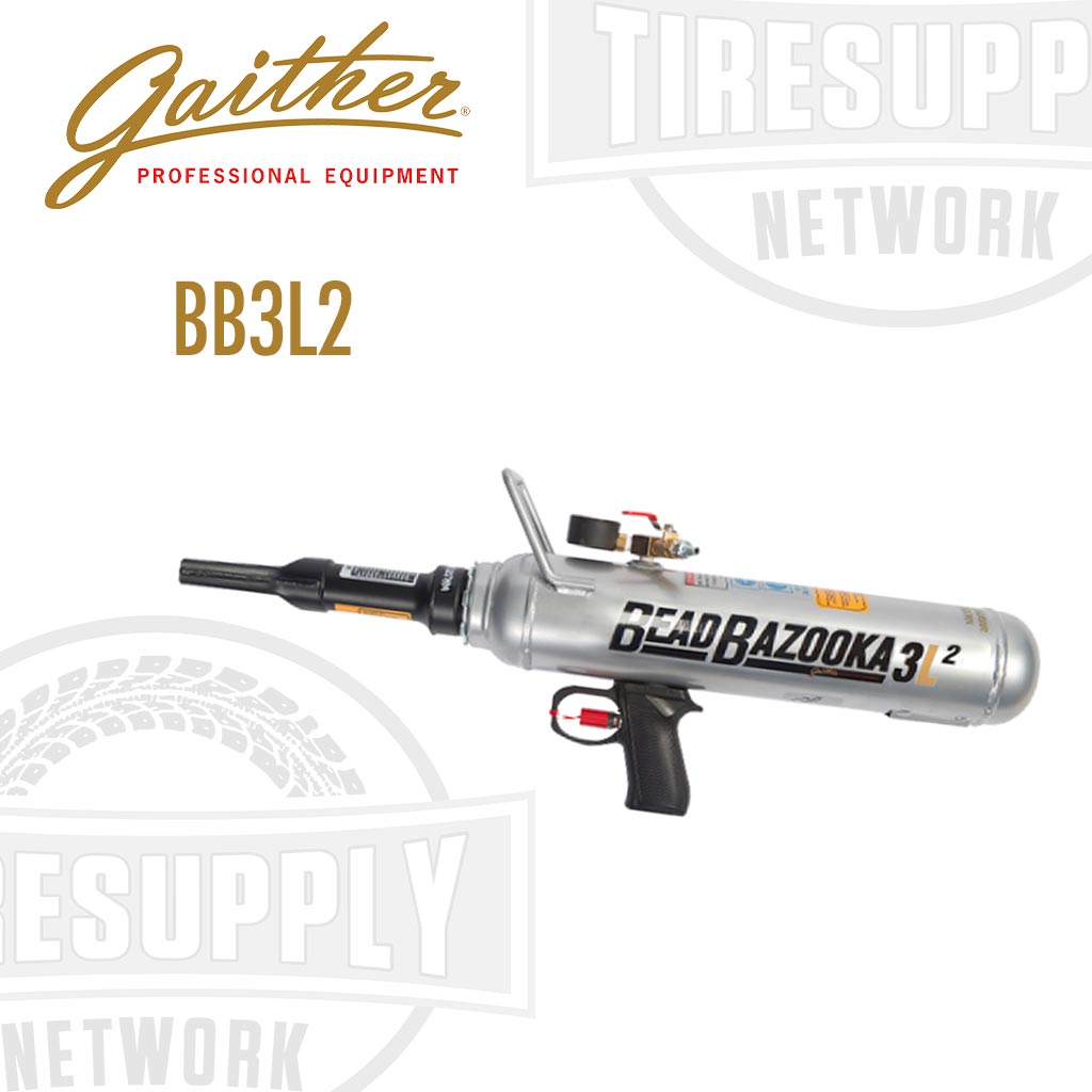 Gaither Gen2 Trigger-Style 3-Liter Bead Bazooka, a professional tire repair tool, with silver body and black trigger. BB3L2.