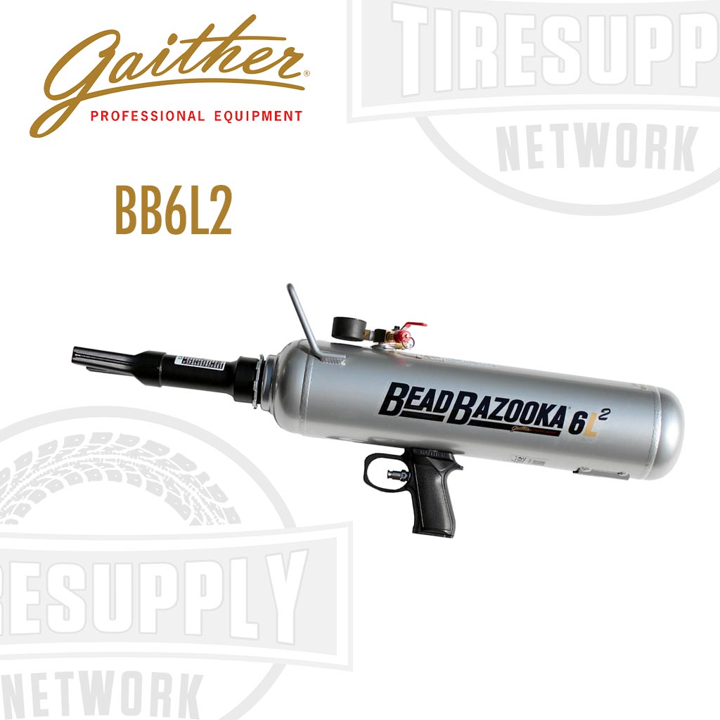 Gaither Gen2 Trigger-Style 6-Liter Bead Bazooka, predominantly silver in color with black trigger and branding, designed for seated tire beads on passenger and commercial vehicle tires. BB6L2.