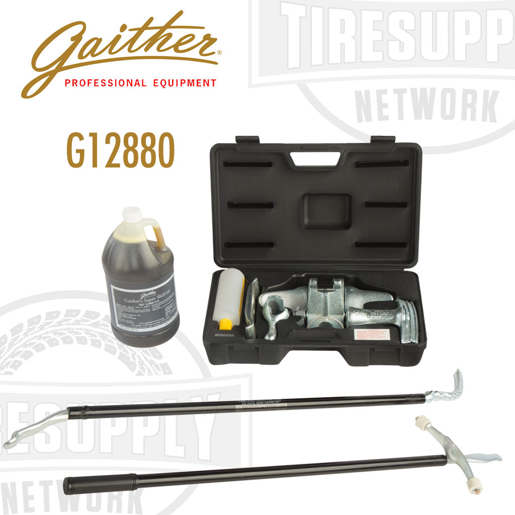 A Gaither Bead Saver System tire changing tool set including various metal components and a black carrying case, displayed alongside a bottle of tire changing solution and instructional materials. G12880.