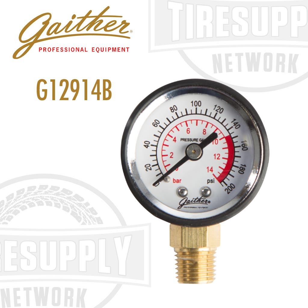 Gaither pressure gauge replacement part with a dial indicating pressure levels, brand logo, and model number G12914B.