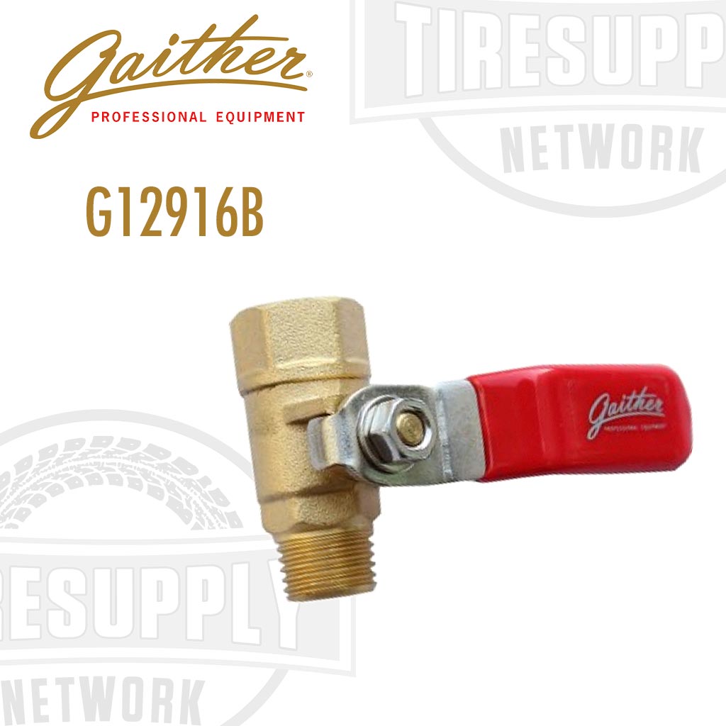 A Gaither 1/4 Intake Valve with a red handle and brass body, marked with the model number G12916B.