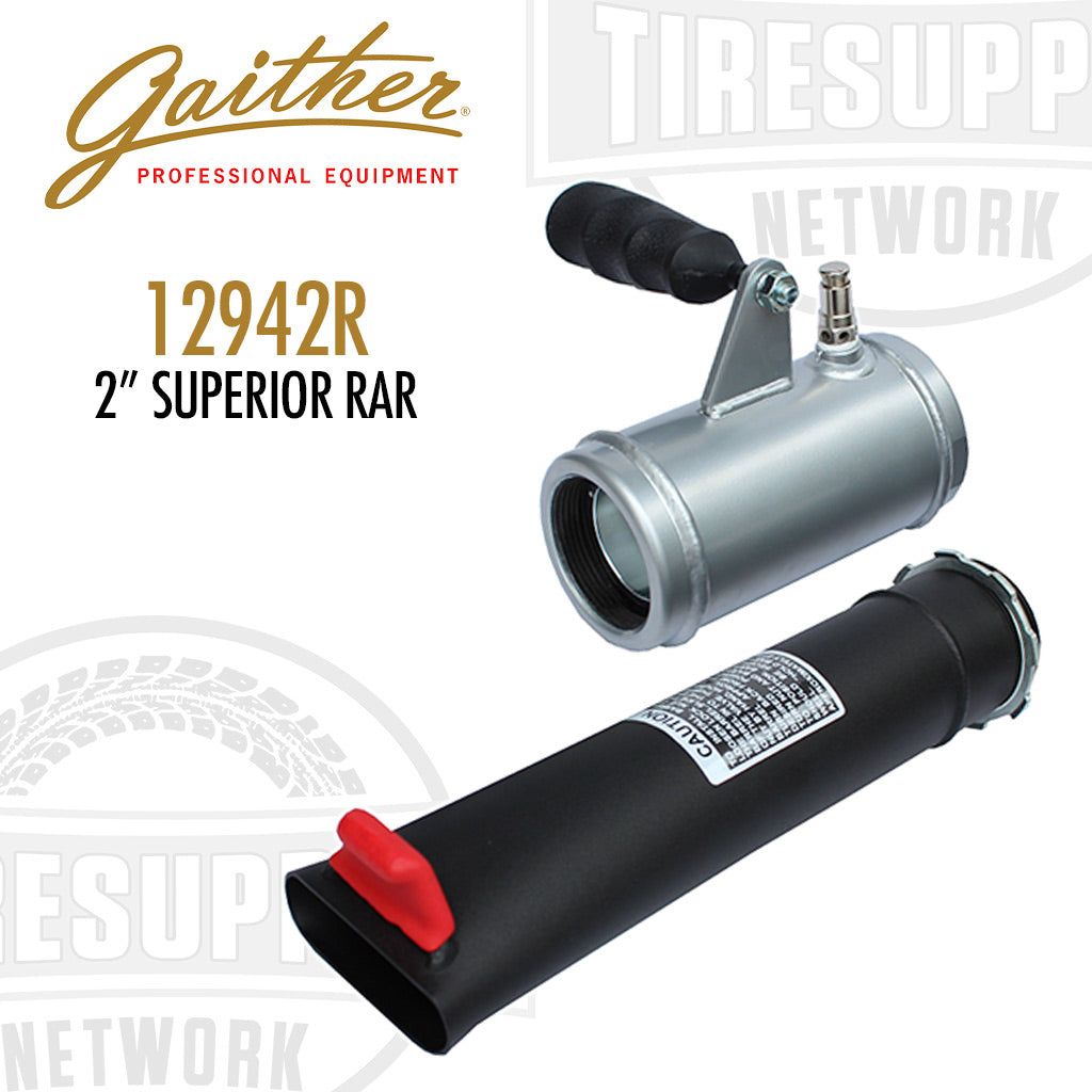 The image shows a Gaither 2" Superior RAR Upgrade Performance Valve, which includes a silver-colored metal barrel and a black plastic handle with a red button. G12942R.