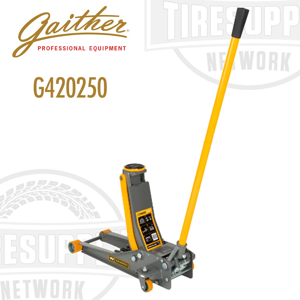 Gaither Winntec Garage Jack (G420250) with a yellow handle and black base, capable of lifting vehicles for car repairs or maintenance.