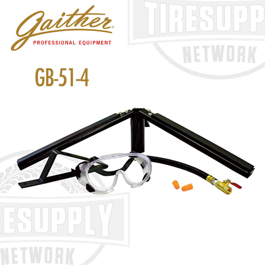 Gaither Booster Accessory Pack including a black metal KD stand, an air whip hose, and a tire wedge, all arranged on a white background. GB-51-4.
