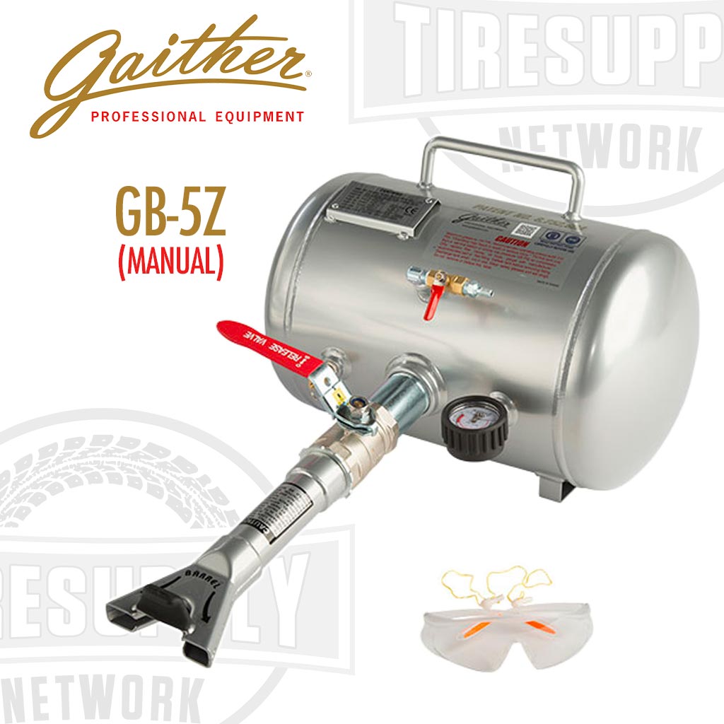 Gaither Manual Bead Booster - Bead Seater (GB-5Z) with a silver metal tank, black detailing, and a manual valve. It is designed for inflating tubeless tires and includes a safety pop-off valve.