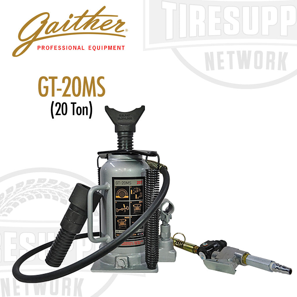 Gaither 20 Ton Moore-Safe Jack (GT-20MS) with a gray body, two interchangeable adapter heads, and hydraulic hoses.