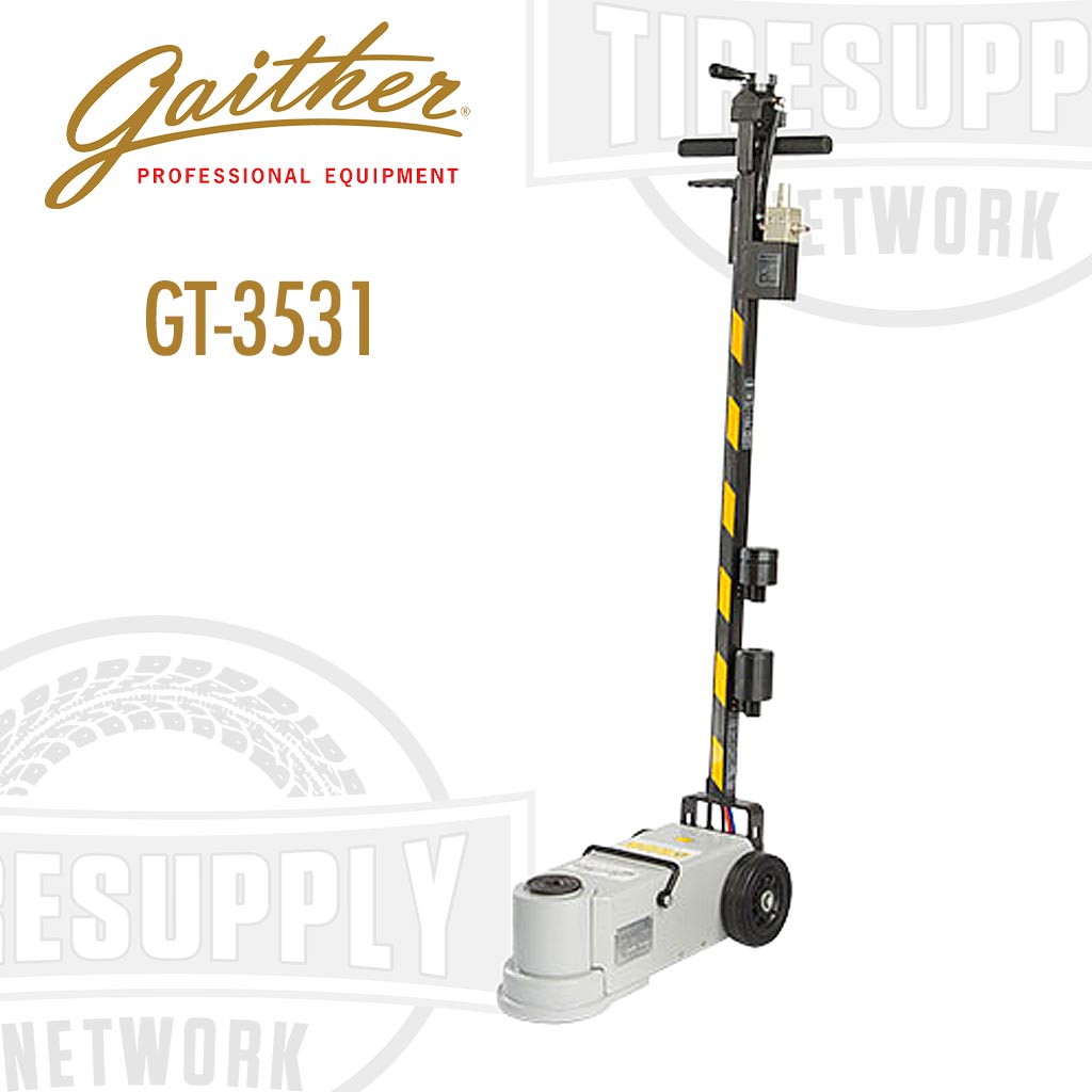 A Gaither brand hydraulic jack, model GT-3531, in a gray and black color scheme, featuring a long handle and built-in water separator.