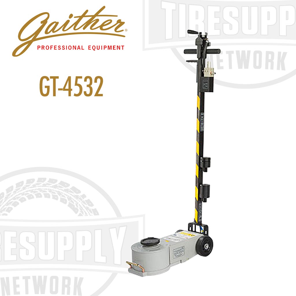 A Gaither brand hydraulic jack, model GT-4532, with a black and gray body, featuring a long handle and built-in water separator.