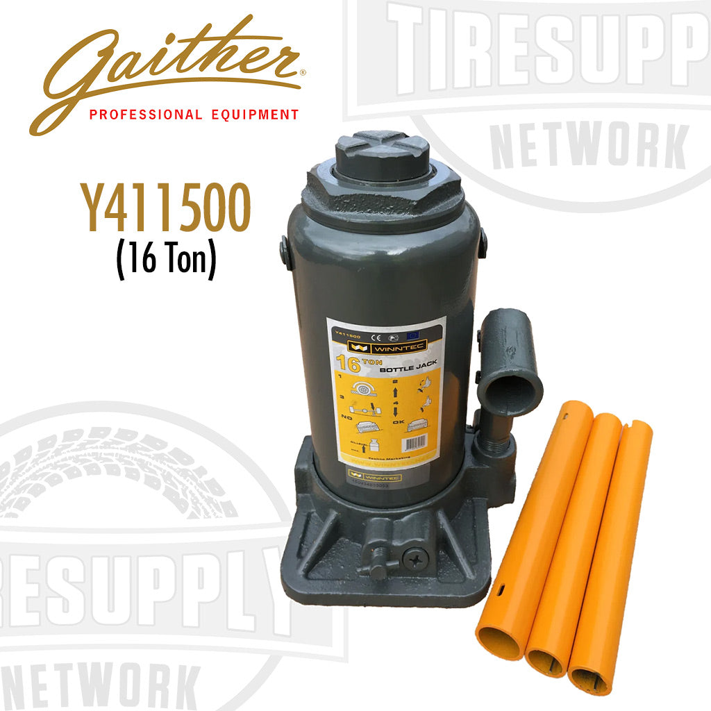 A Gaither 16 Ton Bottle Jack (Y411500) in gray color with orange extension screws, featuring a chrome main ram and pump piston.