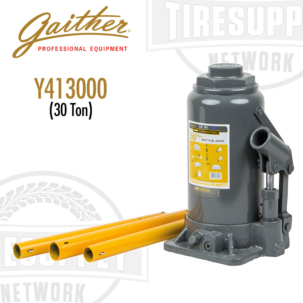 A Gaither brand hydraulic bottle jack with a gray body and yellow extension screws, labeled as 'Y413000' and indicating a 30 ton lifting capacity.