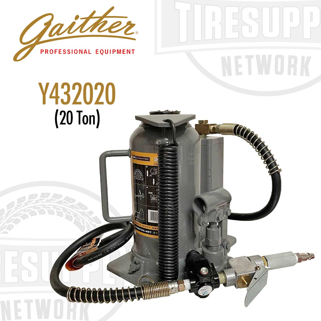 Gaither 20 Ton Winntec Heavy Duty Series Air Hydraulic Manual Bottle Jack, with an air hose and gauge, predominantly gray and black in color.