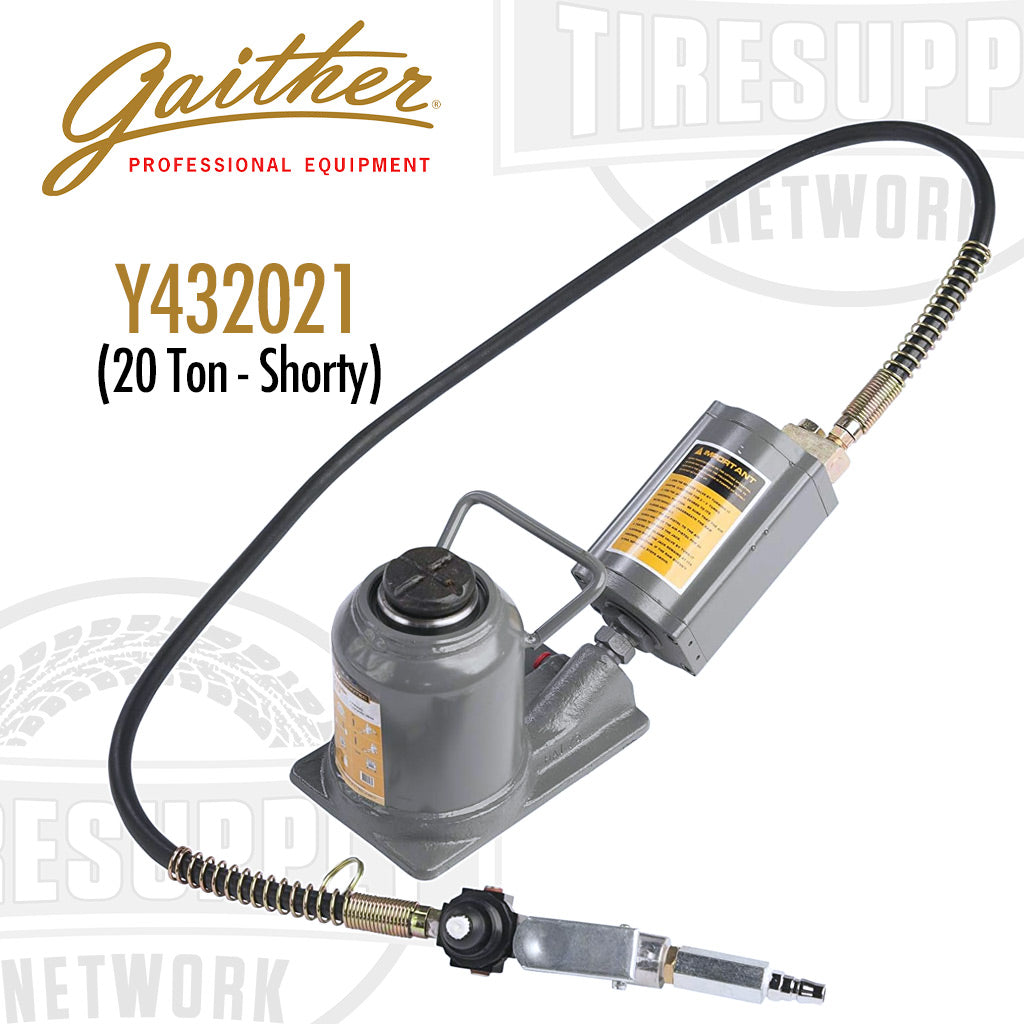 A Gaither brand low profile 20 ton air bottle jack with a chrome main ram and aluminum air motor, including a hose and an air filter. Y32021