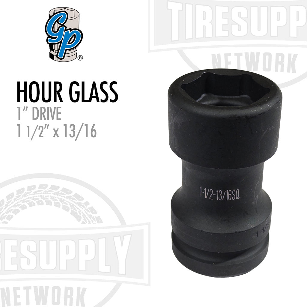A black hour glass-shaped impact socket with 1 inch drive and 1 1/2 inch by 13/16 inch size, labeled with specifications.