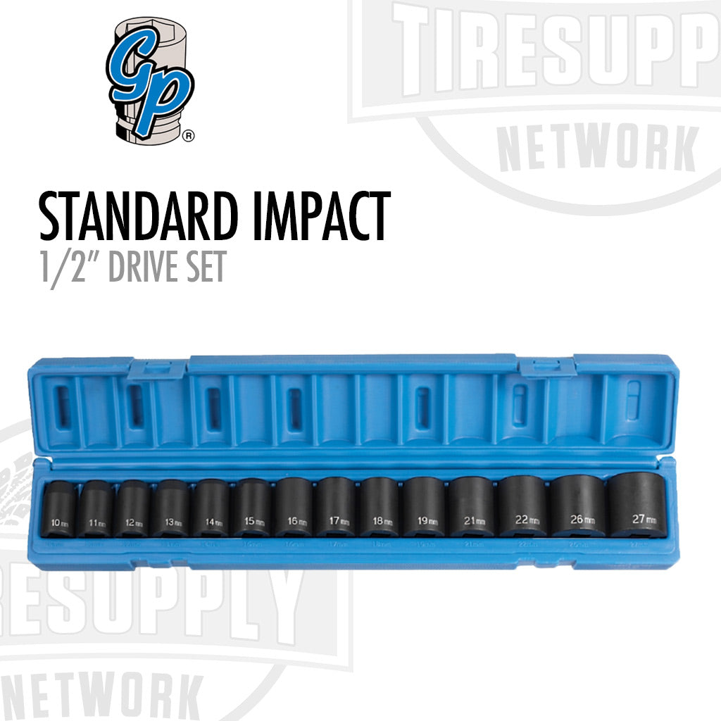 A set of standard impact sockets arranged in a blue tool box labeled 'Grey Pneumatic | 1/2" Drive Set', ranging in sizes from 10mm to 22mm. 1412M