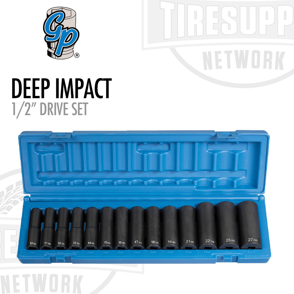A set of black sockets organized in a blue tool case, labeled as Grey Pneumatic 1/2" drive deep impact set. 1412MD