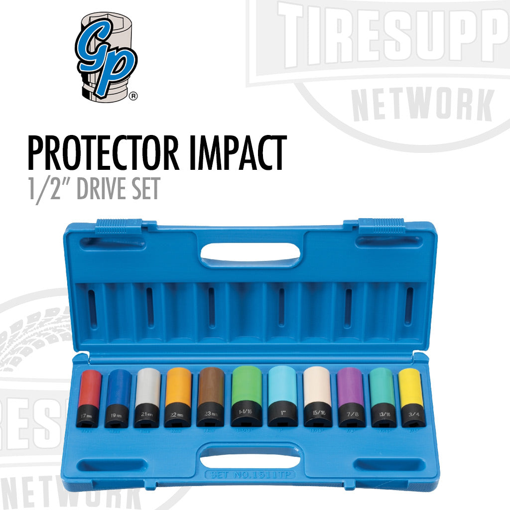 A set of Grey Pneumatic 1/2" drive deep length protector impact sockets in various sizes, displayed in a blue carrying case. 1511TP