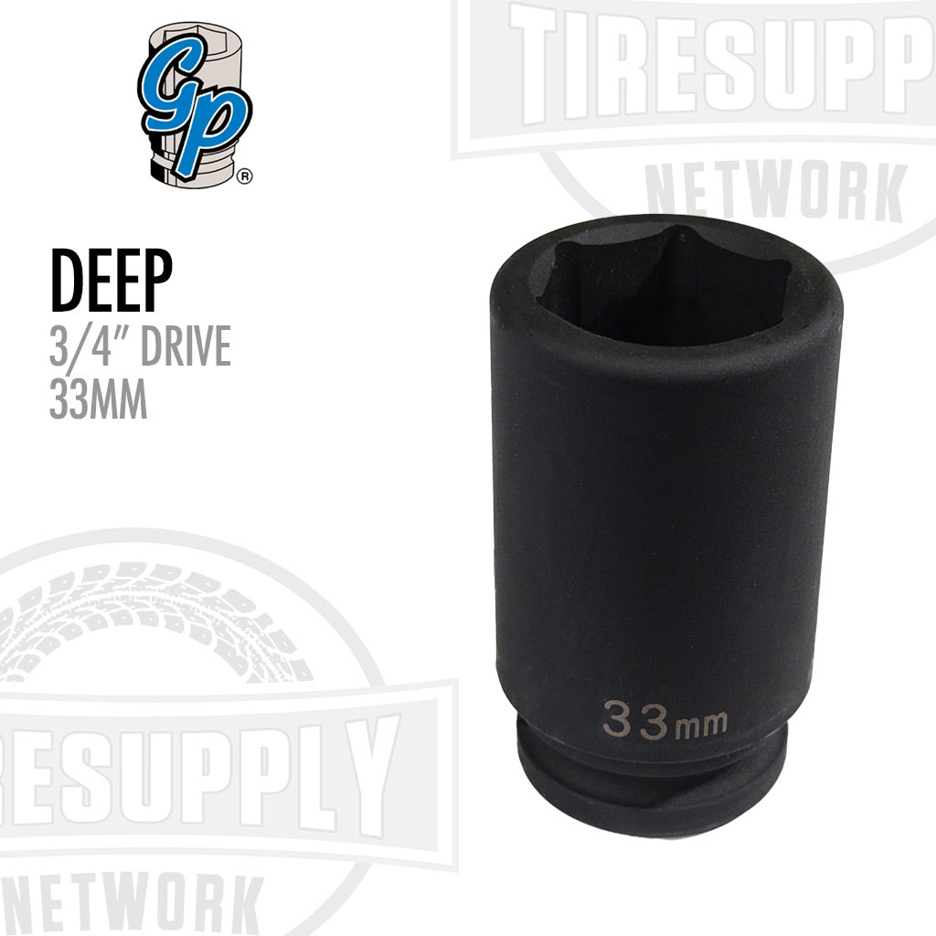 A black 33mm deep impact socket with 3/4 inch drive size, marked with specifications and the brand SP. 3033MD