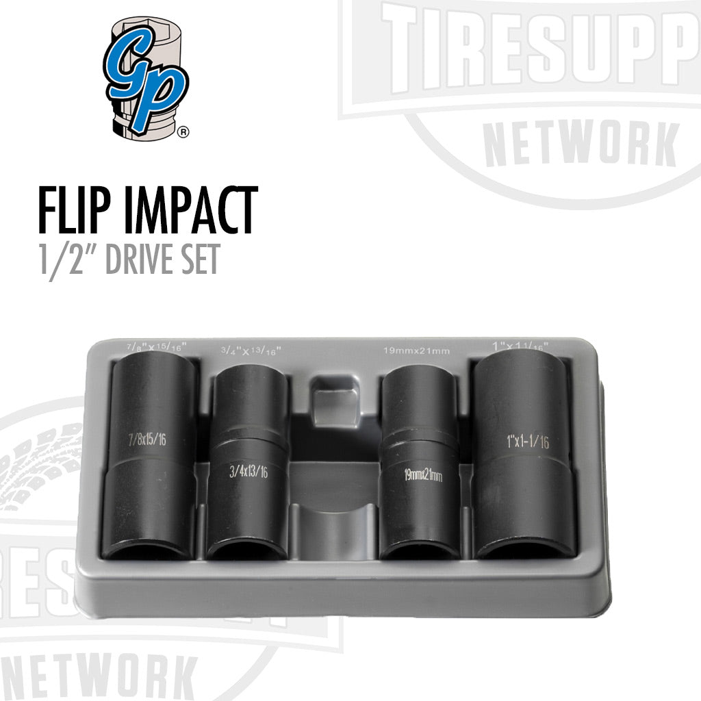 A set of black sockets organized in a gray holder, labeled as Grey Pneumatic 1/2" drive flip impact set.