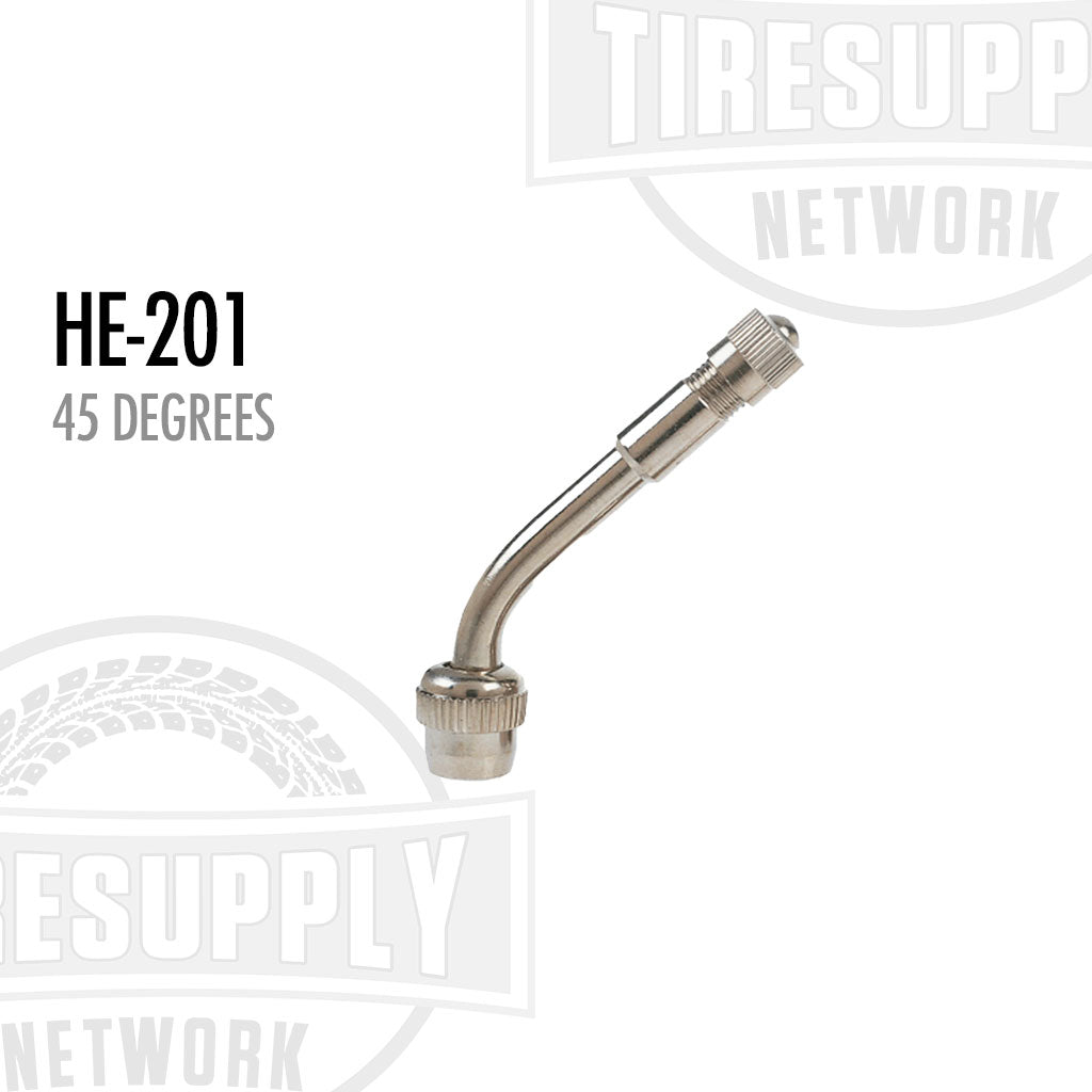 A 45-degree HE-201 valve extension for tires, showing a bent metal rod with a threaded end and a label with the Tire Supply Network logo.