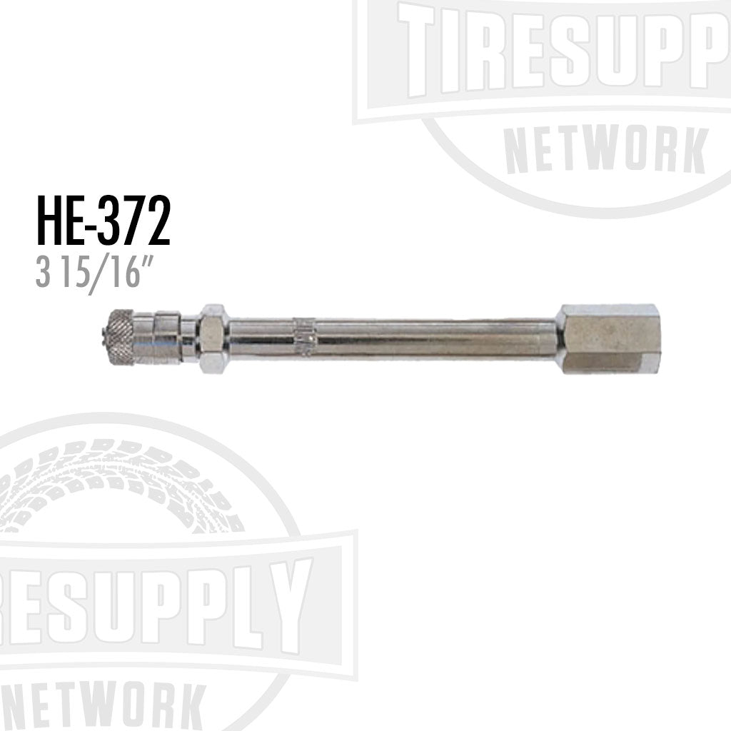 A silver-colored 3 15/16 inch straight short collar extension for trucks, labeled with the product number HE-372, against a white background with the Tire Supply Network logo.
