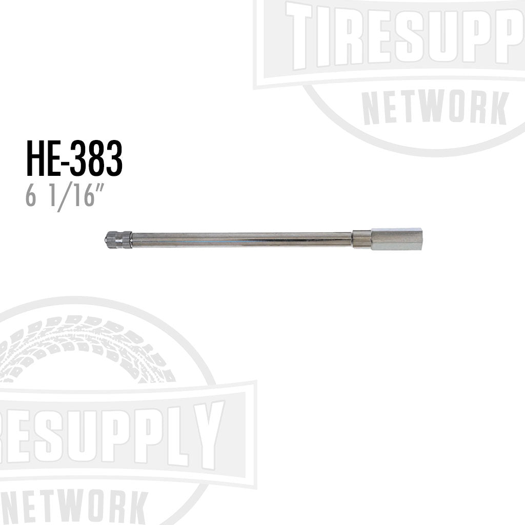 A metal extension with a standard collar for use on tube-type or tubeless valves, labeled with HE-383 6 1/16'' on the image.
