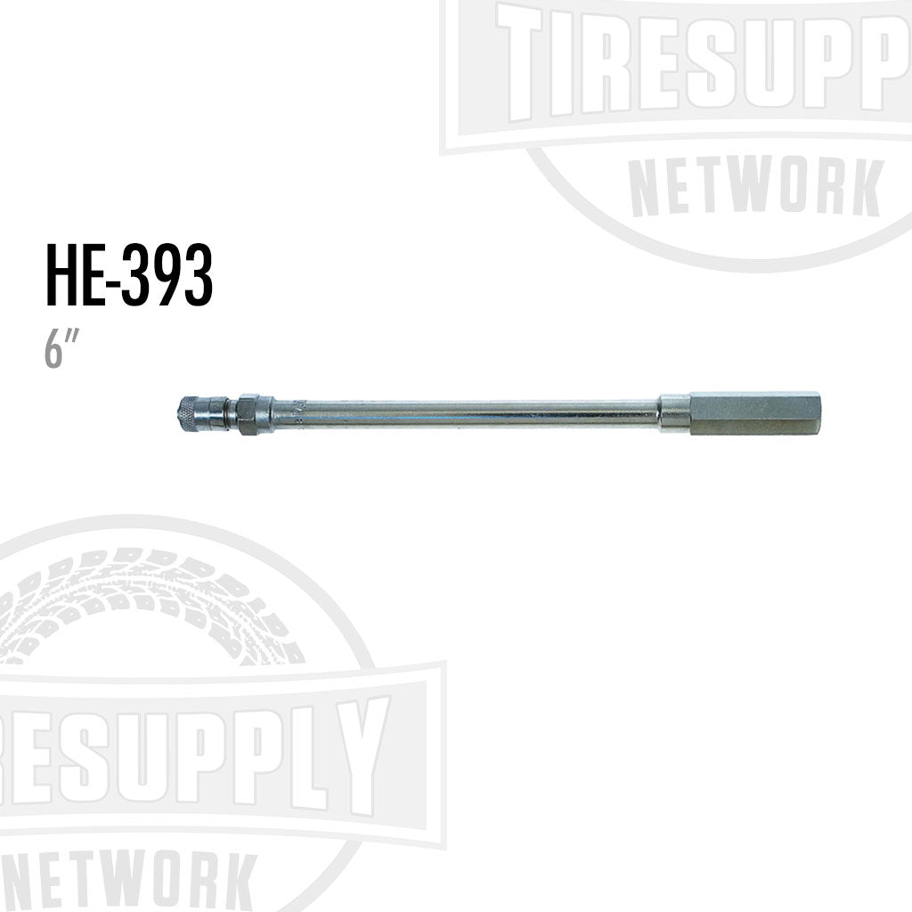 A 6 inch straight long collar extension for truck valve stems, with a double seal feature, displayed against a white background with the product label HE-393 visible.