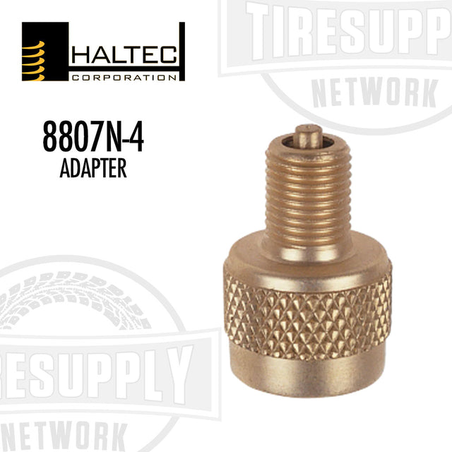 A gold-colored Haltec valve cap adapter with model number 8807N-4 displayed on it.