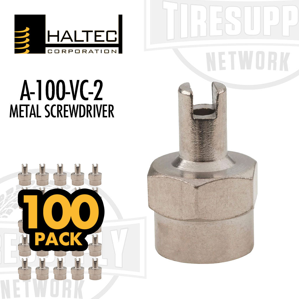 Pack of 100 Haltec metal screwdriver valve caps, predominantly silver in color, displayed in a group with the Haltec logo and product information.