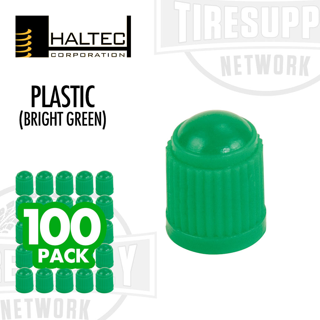 A pack of 100 bright green plastic dome valve caps from Haltec, displayed with the product branding and the number of pieces in the pack. A-100-VC-8G