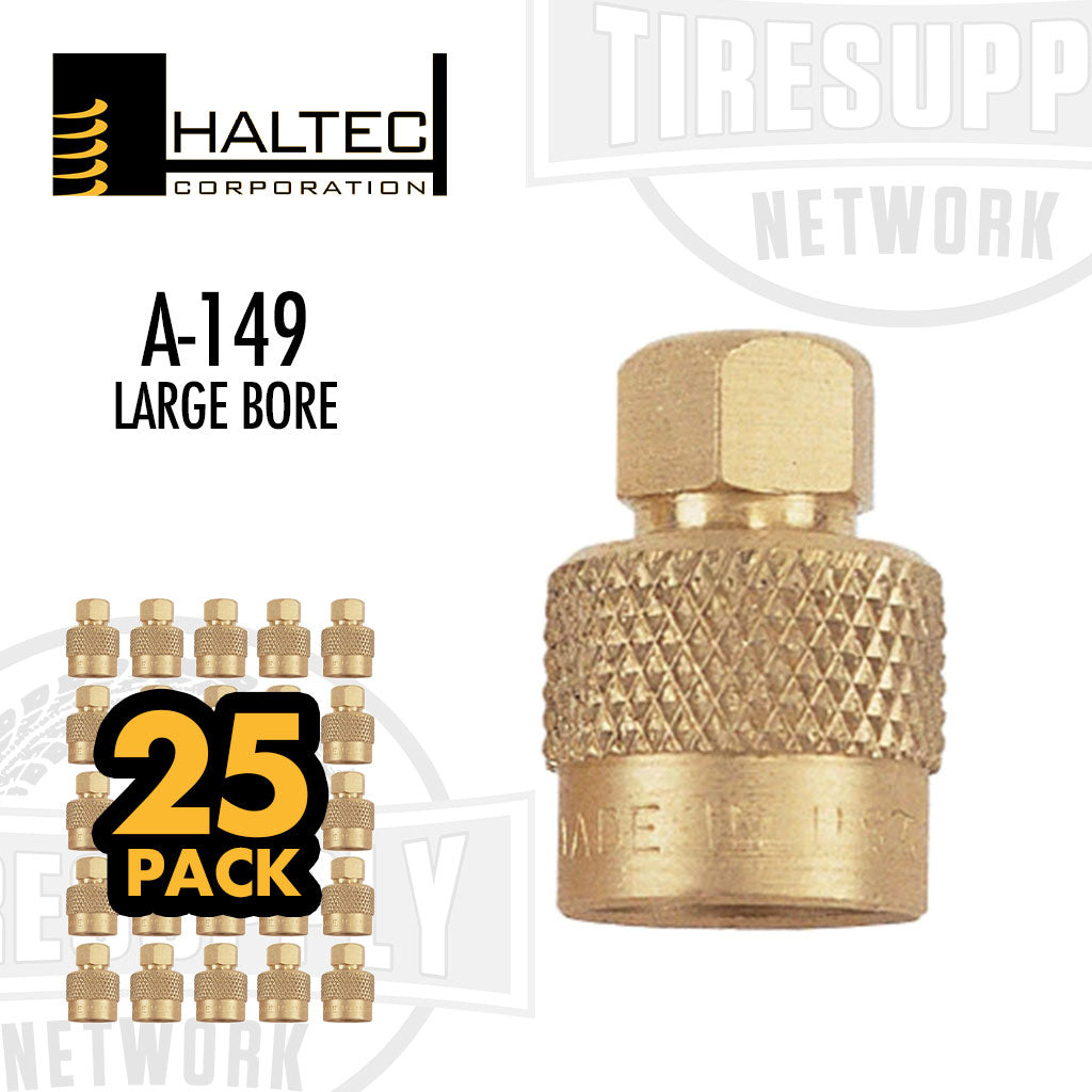 A pack of 25 Haltec large bore hex caps displayed in a grid layout, with the Haltec logo and product information, on a white background. A-149
