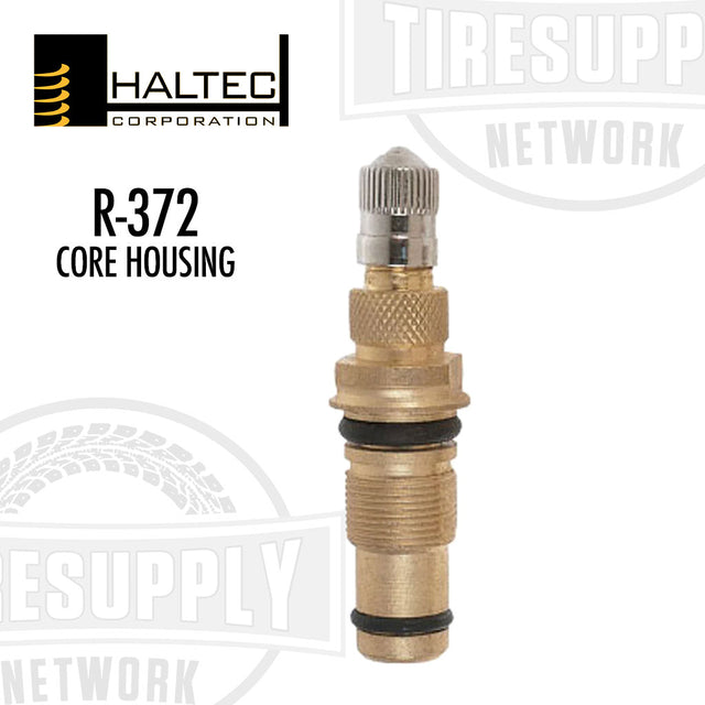 Haltec core housing for vehicle tires, brass colored with black detailing, labeled with 'R-372 CORE HOUSING' and the Haltec logo.