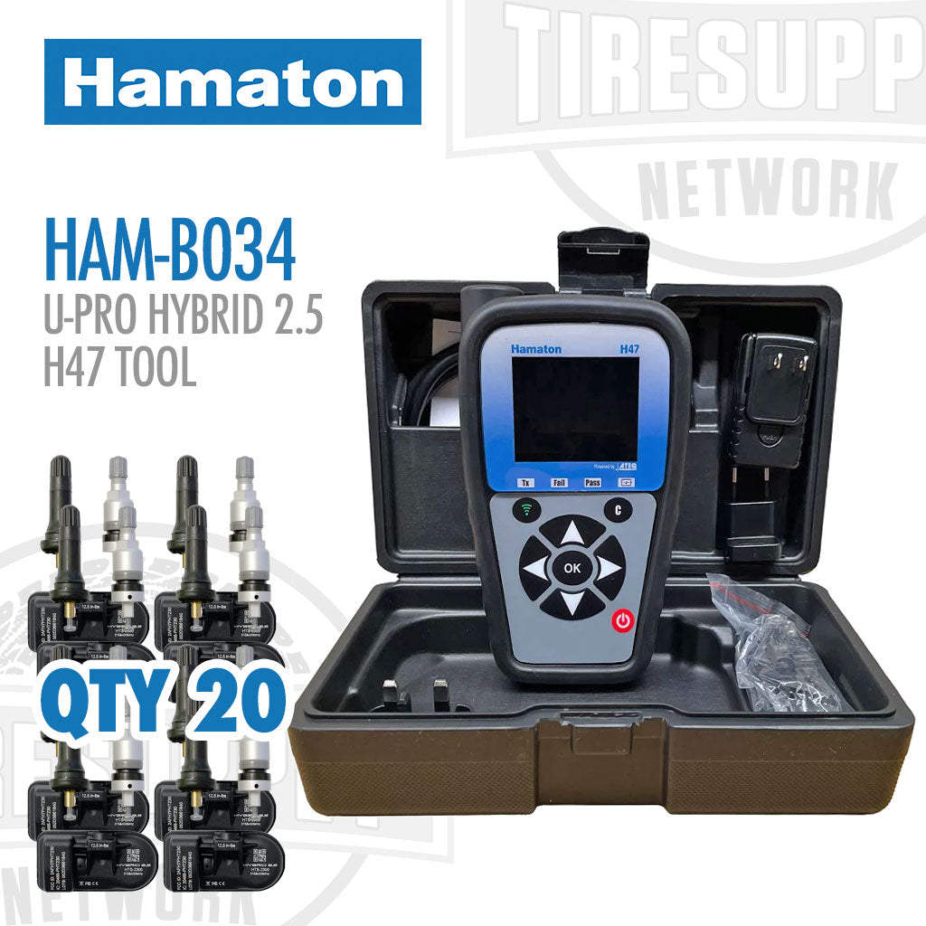 Hamaton bundle including H47 TPMS Diagnostic & Programming Tool, an OBDII Cable, and 20 U-Pro Hybrid 2.5 Dual-Frequency Sensors displayed with product names and quantities.