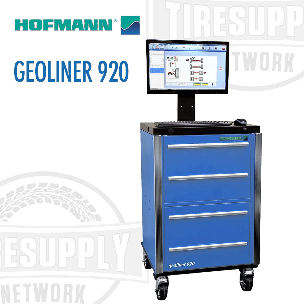 Hofmann Geoliner 920 Heavy Duty Truck Wheel Alignment System with a blue drawer unit, digital display, and wheel clamps on wheels.