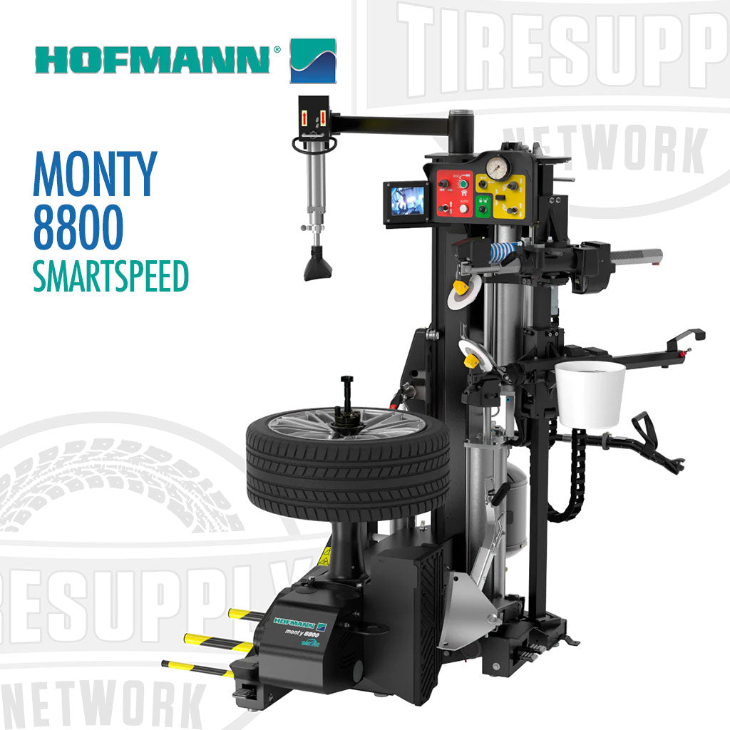 Hofmann Monty 8800 SmartSpeed all-in-one leverless tire changer with accessories displayed, including bead clamp, smart bead spacer, and lube bucket.