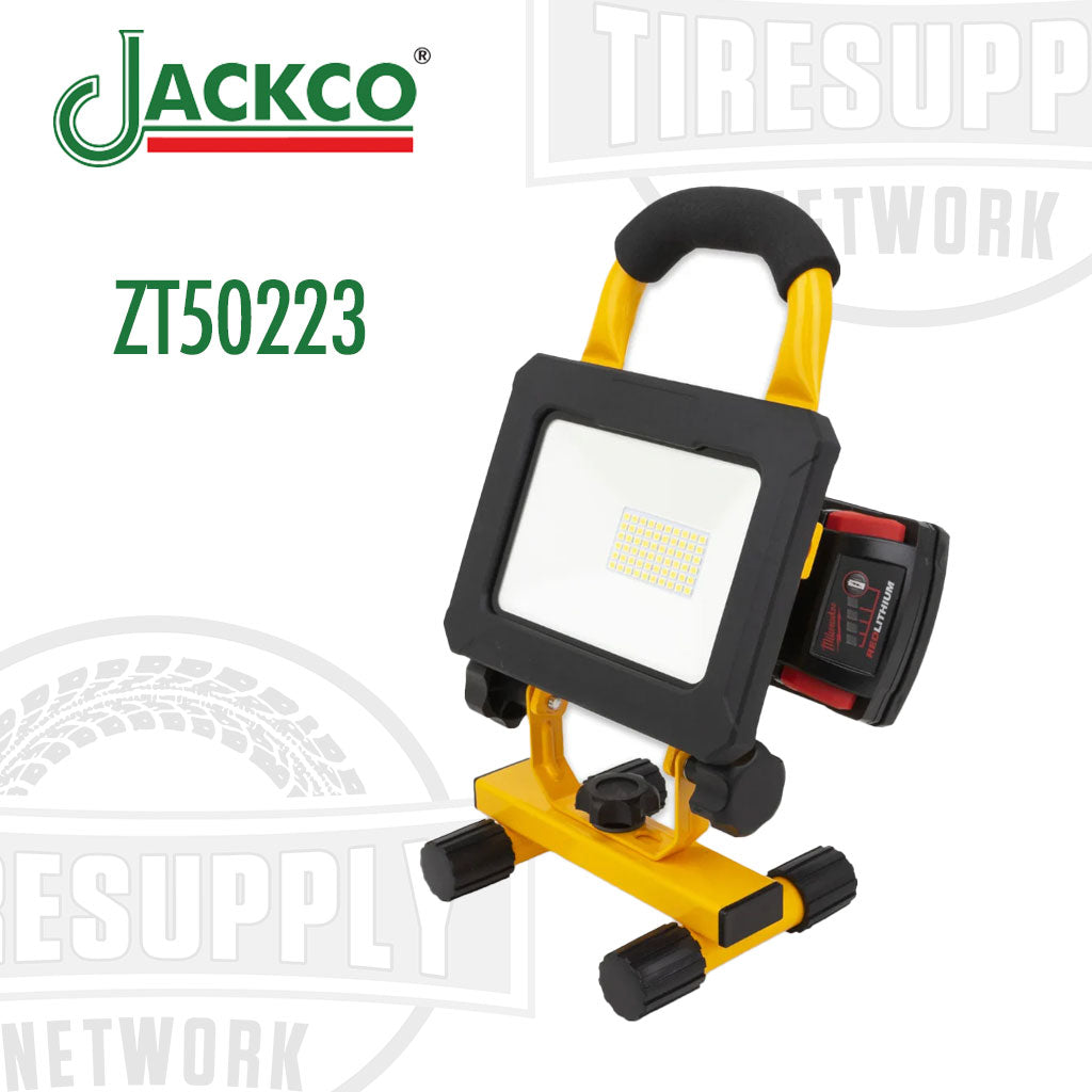 A Jackco branded 20W LED worklight powered by Makita, DeWalt, and Milwaukee cordless tool batteries, featuring a black and yellow color scheme with a rectangular LED panel.