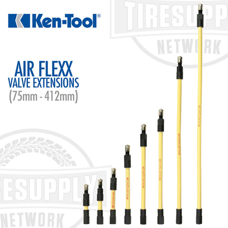 A series of yellow Ken Tool Air-Flexx Flexible Valve Extensions of various sizes for vehicle maintenance.