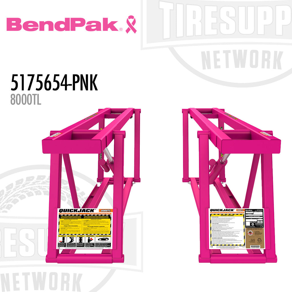 Two pink car jack stands with QuickJack labels on a white background, featuring BendPak and TIRE SUPPLY Network logos. 5175654-PNK.