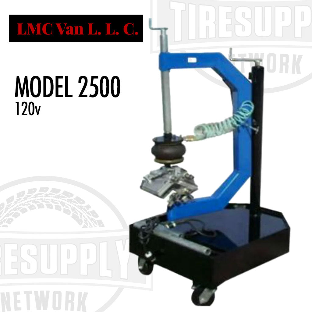 A blue and black Lincoln LMC Model 2500 Mini OTR Multi-Use Tire Vulcanizer Spotter on wheels, with a black raised platform and a tire being repaired.