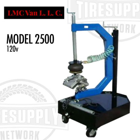 A blue and black Lincoln LMC Model 2500 Mini OTR Multi-Use Tire Vulcanizer Spotter on wheels, with a black raised platform and a tire being repaired.