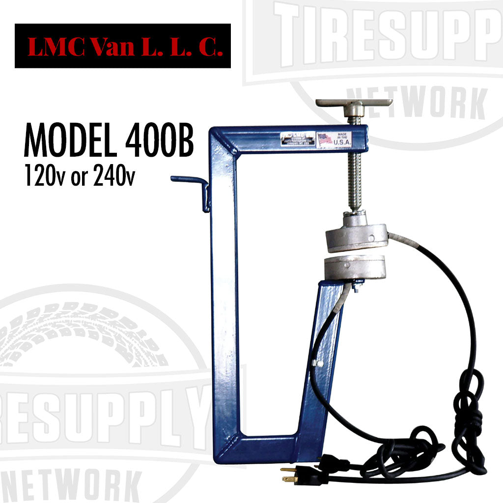 Lincoln LMC Model 400B Truck Tire Vulcanizer Spotter, featuring a blue steel frame, hand-wheel screw, and electrical cord, designed for tire repair.
