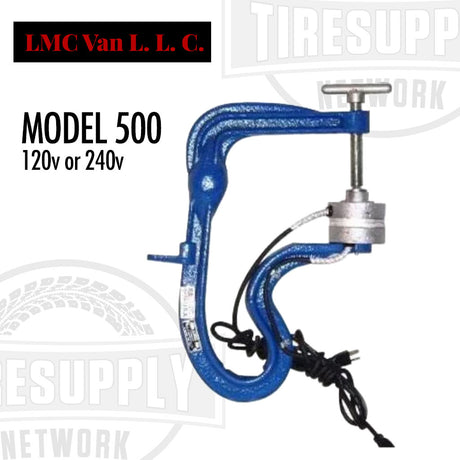 Lincoln LMC Model 500 Tractor Tire Vulcanizer Spotter, featuring a blue metal frame with a hand-wheel and pressure screw, electrical cord, and two heat units.