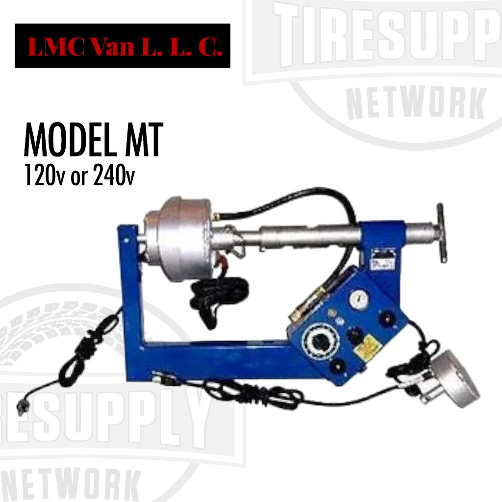 A blue and silver Lincoln LMC Model MT Medium Truck Air Vulcanizer Spotter, featuring a piston/pad air head and contour plates, designed for tire repair.